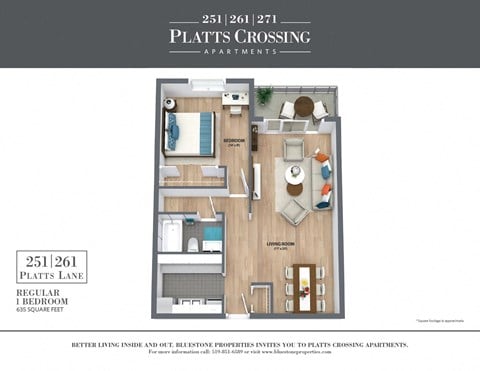 Floor plan for 1 bed, 1 bath, 635 sqft